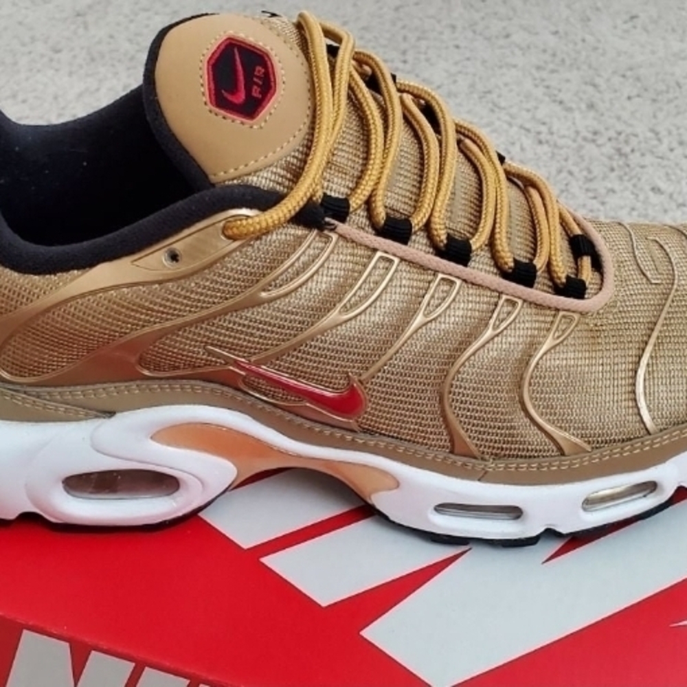 Nike Air Max Plus Metallic Gold and Red Sneakers